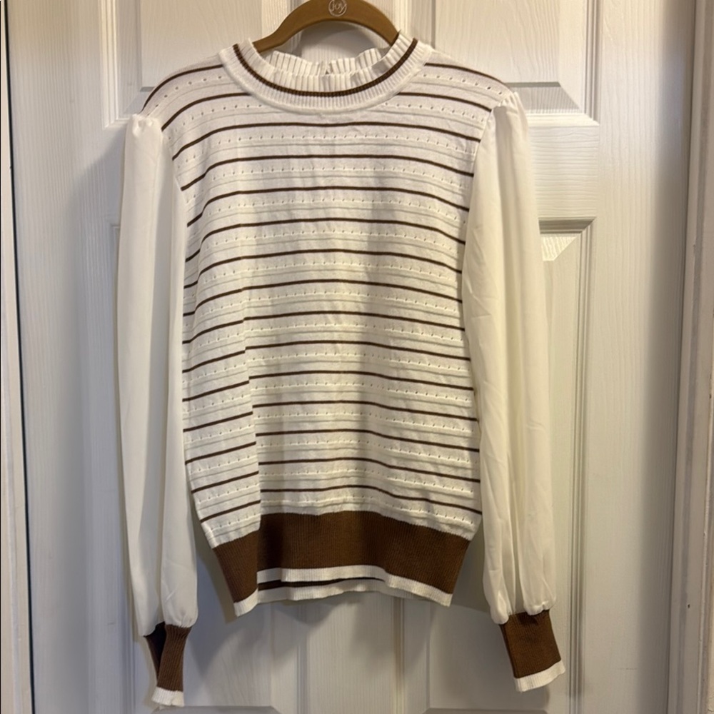 Gorgeous Feminine Striped White and Brown Mixed Media Lightweight Sweater Top